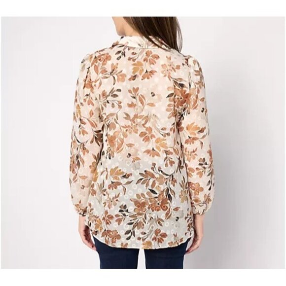 Susan Graver Sheer Woven Clip Dot Button Front Tunic Copper/Ivory S A626990 - Picture 2 of 3